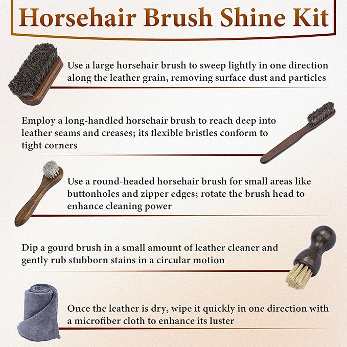 5 PCS Leather Brush Car Detailing, Horsehair Brush Shine Kit, Car Cleaning Supplies, Horse Hair Brush, Leather Brushes for Car Interior Seat, Carpet, Upholstery, Furniture and Shoes