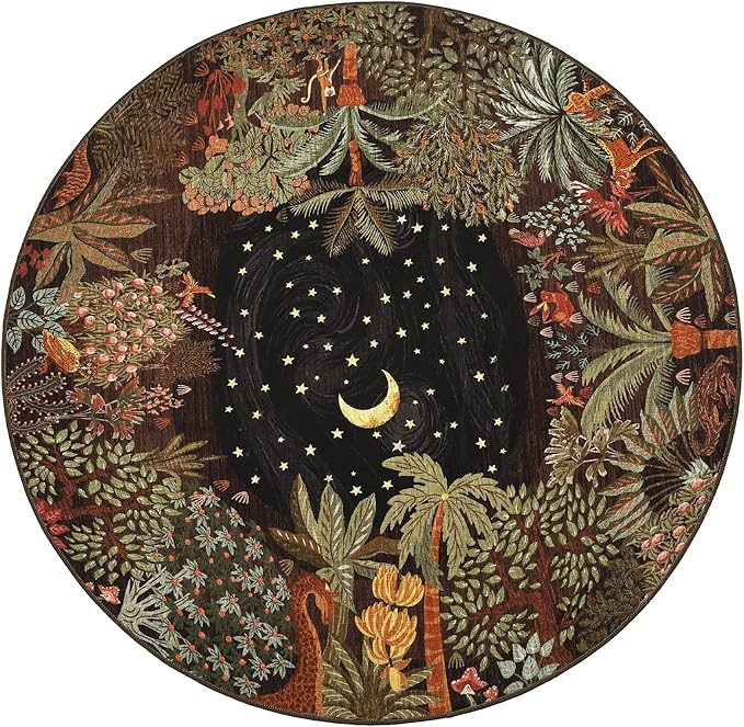 GarveeHome Round Area Rugs 5ft for Bedroom, Brown Jungle Washable Circle Rug Soft Non Slip Forest Animal Print Floor Mat Tiger Carpet Indoor Thin Rug for Kids Room Dining Room Playroom Nursery