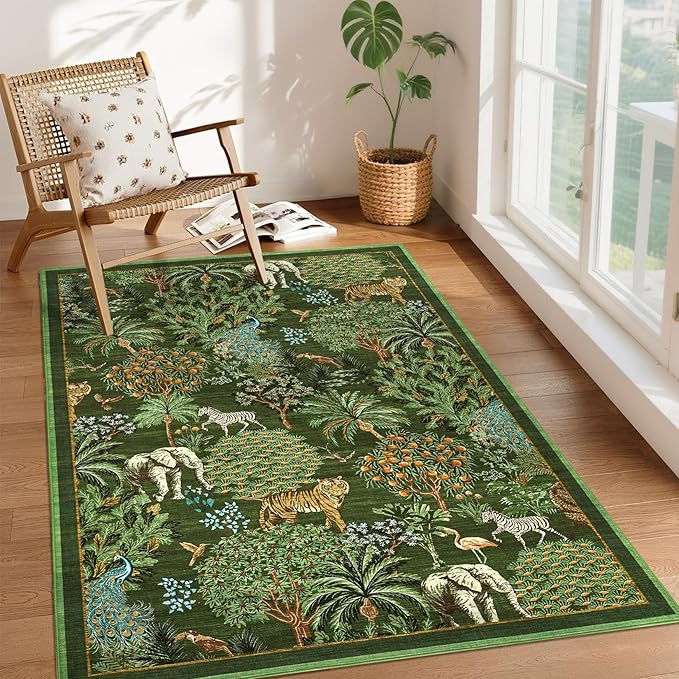 GarveeHome Jungle Animal Print Rug 3x5 Washable Area Rugs for Living Room, Forest Rug Non Slip Soft Low Pile Stain Resistance Throw Carpet for Bedroom Kids Playroom Nursery, Dark Green