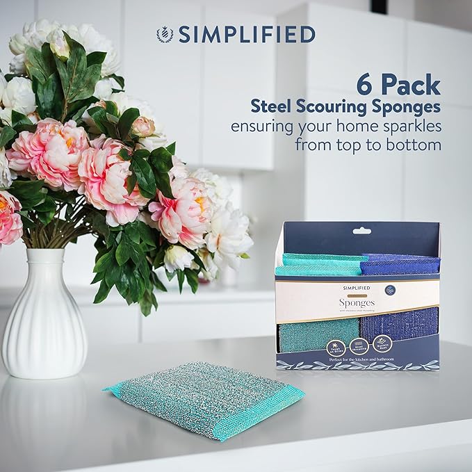 Simplified 6-Pack Steel Scouring Sponges with Rust Resistant Stainless Steel Threading for Home and Kitchen Cleaning Supplies, Heavy Duty Cleaning Sponge for Kitchen & Bathroom, Blue/Green