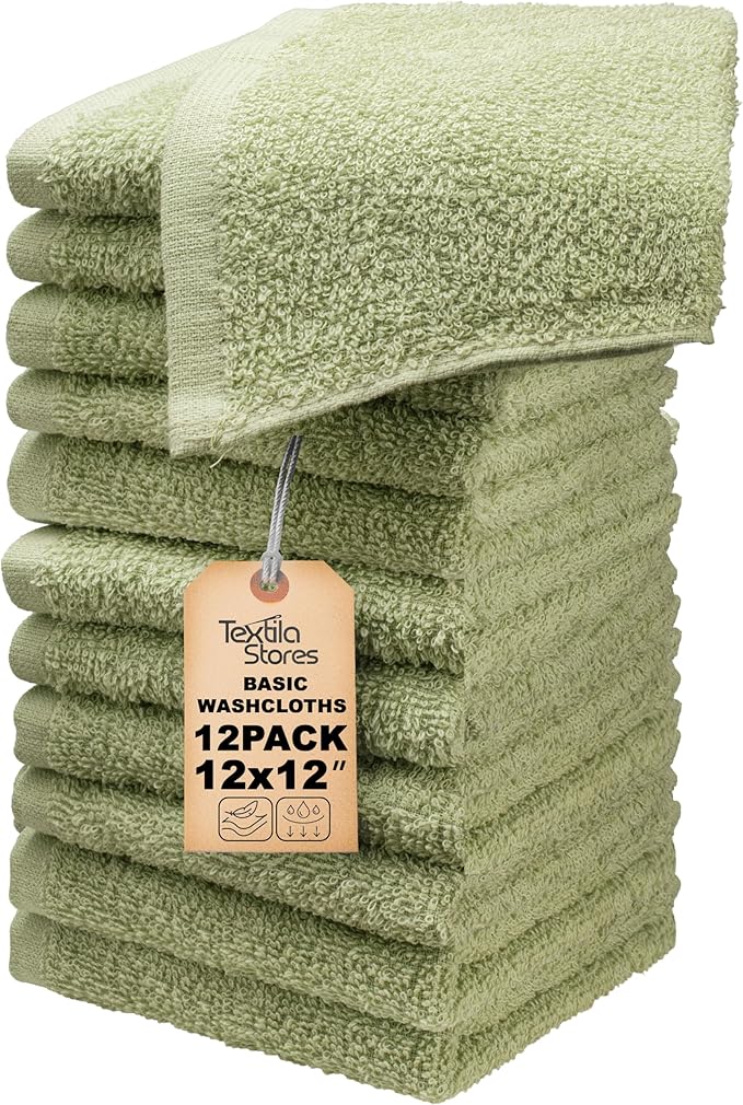 Basic Wash Cloths 12x12 Inches – Pack of 12 – Sage Green Color – Soft and Absorbent Multipurpose Cotton Washcloths for Bathroom, Spa, Gym, Salon, Hotel, and Everyday Use