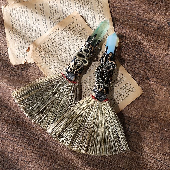 Crystal Witch Altar Broom - Witchcraft Supplies with Opal Wiccan Stuff Moon Magic Broomstick with Natural Healing Crystals Hexagonal Points Pagan Fengshui Reiki Energy Clearing Gift
