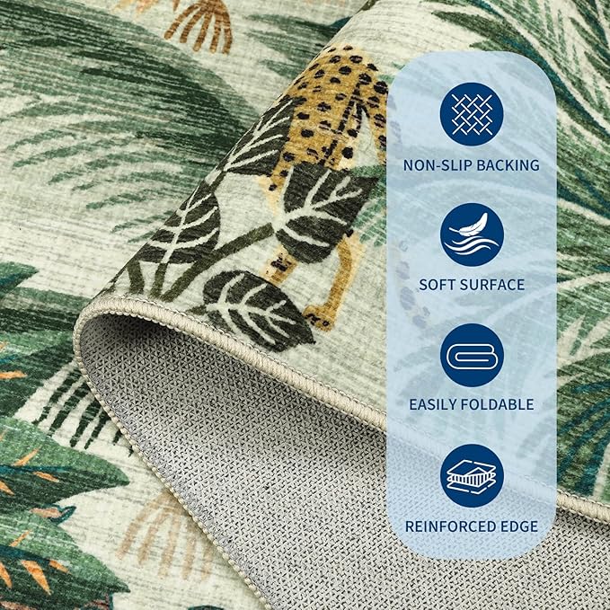 GarveeHome 2.5x8 Jungle Hallway Runner Rug, Soft Green Animal Long Kitchen Runner Non Slip Entryway Rug Farmhouse Thin Laundry Mat Stain Resistant Carpet for Bathroom Beside