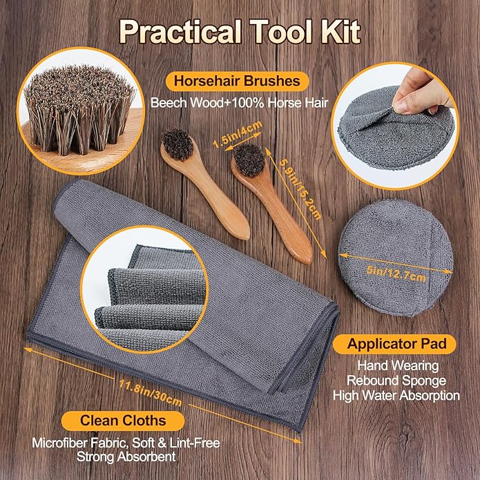 7 Pcs Leather Cleaner Boots Shoes Care Kit-3.52oz Saddle Soap for Leather Items Cleaning, 3.52oz Mink Oil for Shoes Polishing, Including Horsehair Brushes, Shine Cloth and Sponge Pad