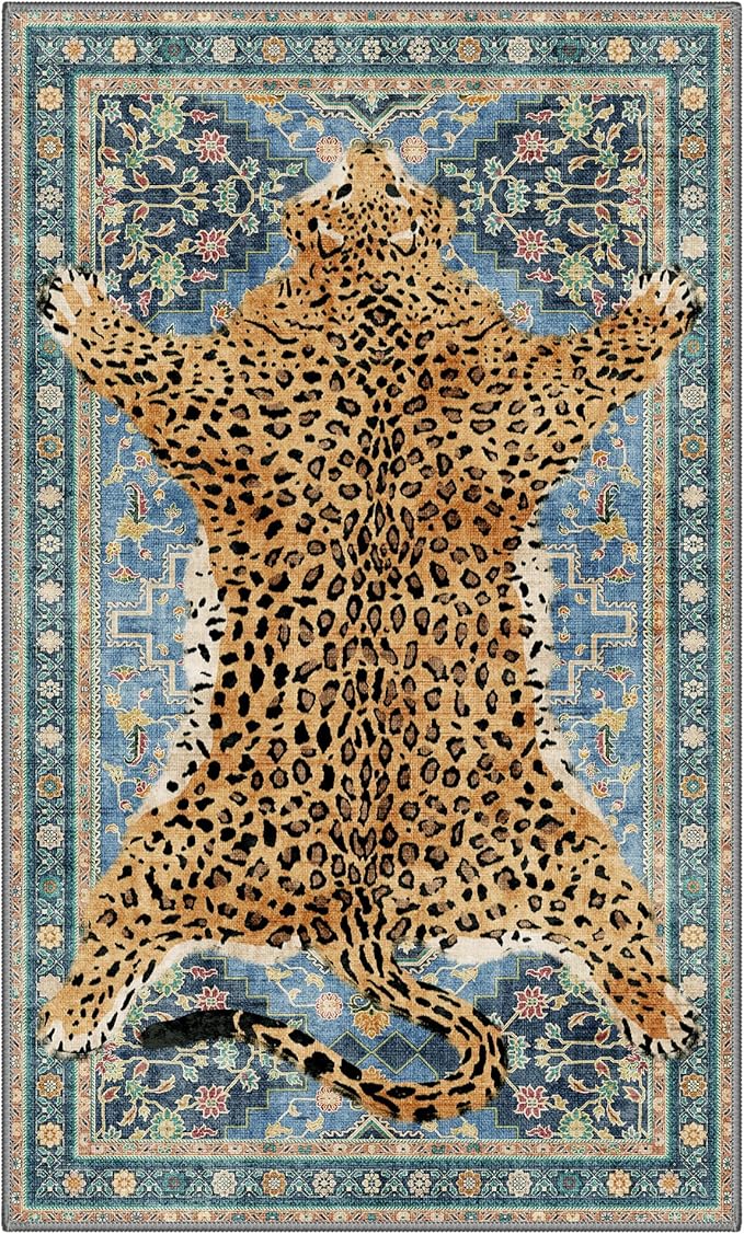 Bavni 3x5 Leopard Rug, Machine Washable Cheetah Animal Print Low Pile Boho Woodland Jungle Carpet, Non-Slip Non-Shedding Pet Friendly Rug for Living Room Playroom Nursery Bedroom Entryway, Blue