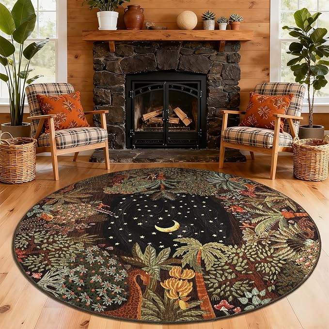 GarveeHome Round Area Rugs 8ft for Living Room, Large Brown Jungle Washable Circle Rug Soft Non Slip Forest Animal Print Floor Mat Tiger Carpet Indoor Thin Rug for Bedroom Dining Room Playroom Nursery