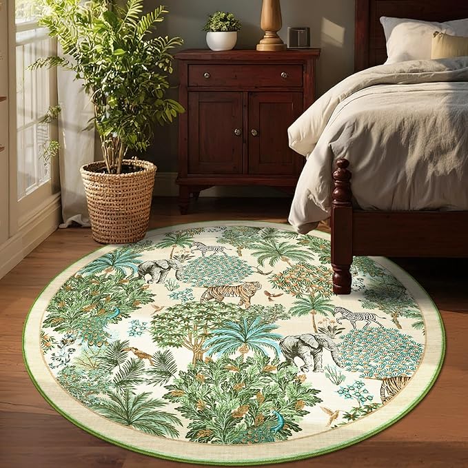 GarveeHome Jungle Round Washable Rugs 6ft Non-Slip Soft Round Rug for Kids Room, Forest Animal Print Tiger Circle Carpet for Bedroom Entryway Playroom Nursery, Beige