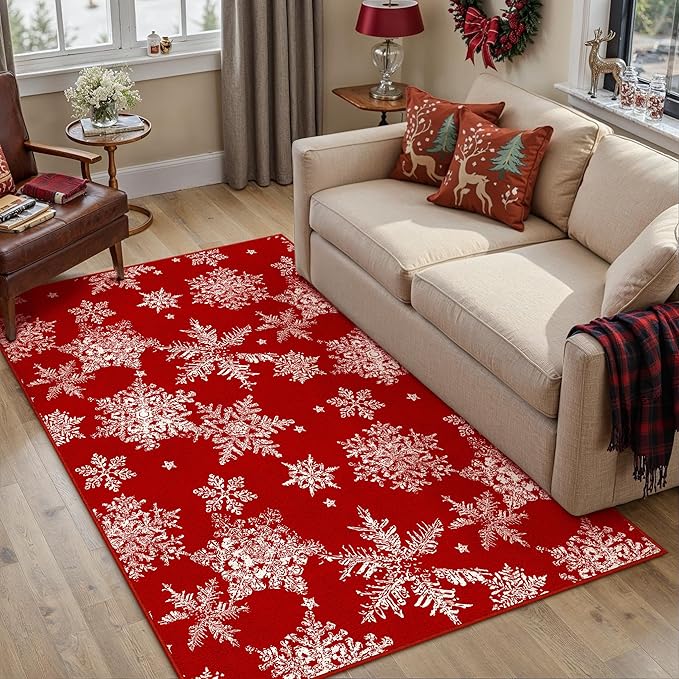 Red Area Rug 4x6 Christmas Office Carpet Snowflake Washable Doormat Xmas Holiday Decor Non Slip Indoor Kitchen Accent Rug Decorative for Entryway Dining Room