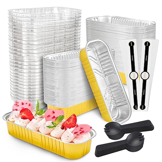 100 PACK Mini Cake Pans with Lids and Spoons, Rectangular Aluminum Foil Bread Pan, Mini Loaf Pans and Food Containers with Lids(Gold, 6.8oz)