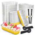 100 PACK Mini Cake Pans with Lids and Spoons, Rectangular Aluminum Foil Bread Pan, Mini Loaf Pans and Food Containers with Lids(Gold, 6.8oz)
