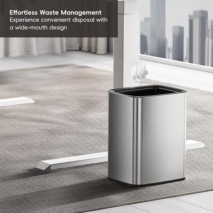EKO Laguna 2.6 Gallon/10L Open Top Trash Can - Modern Matte Stainless Steel Waste Bin with Removable Inner Basket for Bathroom, Bedroom, and Office Use