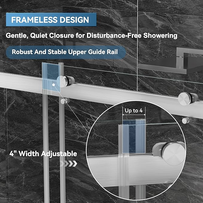56"-60" W x 75" H Frameless Shower Door, Double Sliding Shower Door,5/16"(8mm) Clear Tempered Glass,Silent Soft-Close Design,Brushed Nickel
