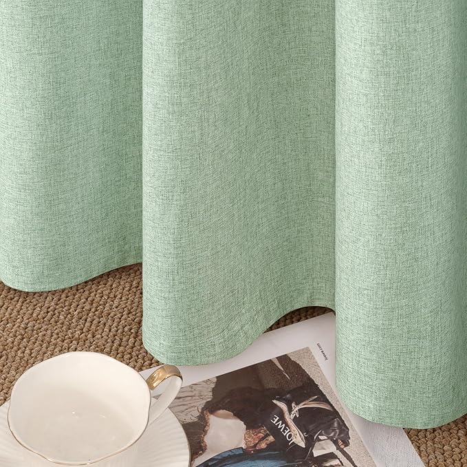 YoungsTex Light Green Linen 100% Blackout Curtains 40 Inch Length, Short Thermal Insulated Drapes with Grommet Privacy for Bedroom Window, 2 Panels, 42 X 40 Inch