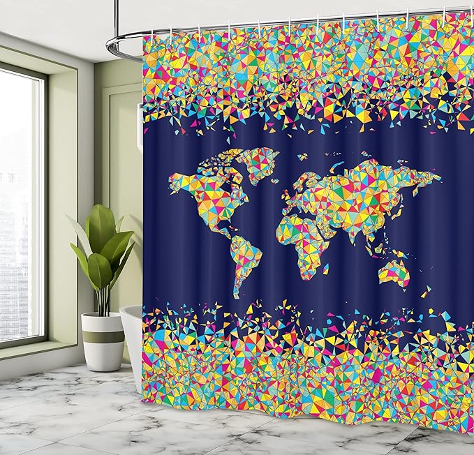 Ambesonne Map Print Shower Curtain, World Map Design with Mosaics Print Global Scene Atlas Colorful Art, Cloth Fabric Bathroom Decor Set with Hooks, 69" W x 75" L, Dark Blue Yellow Blue