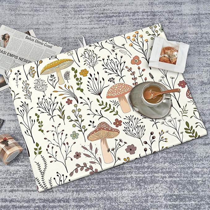 Cute Mushrooms Dish Drying Mat 18x24 inches Microfiber Absorbent Fast Dry Mat for Kitchen Counter Coffee Bar Mushrooms Plants Large Drying Mat Kitchen Decor Gifts (Cute Mushrooms, 18x24 inches)