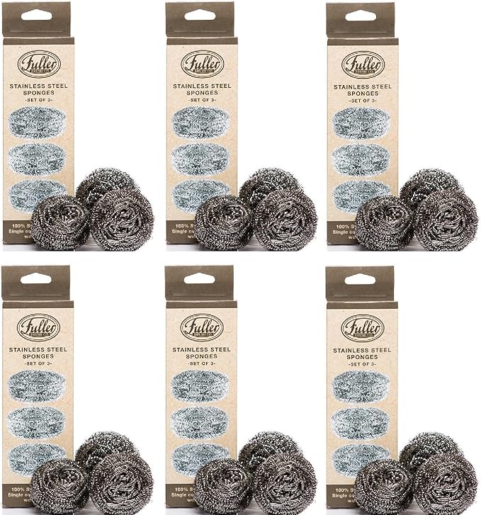 Fuller Brush Stainless Steel Scrubbing Sponges – 6-Pack (6 Sets of 3 = 18 Pieces) – Heavy Duty Kitchen Scour Sponges for Dishes, Pots & Pans