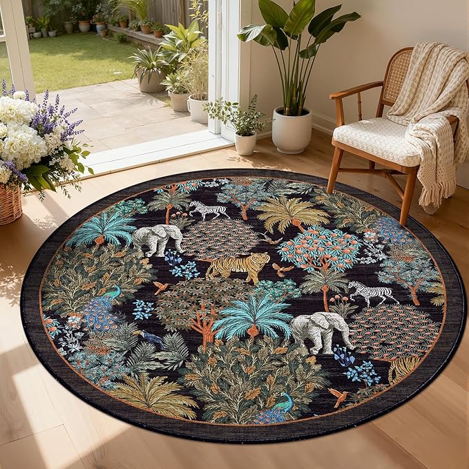 GarveeHome Jungle Round Washable Rugs 6ft Non-Slip Soft Round Rug for Kids Room, Forest Animal Print Tiger Circle Carpet for Bedroom Entryway Playroom Nursery, Black