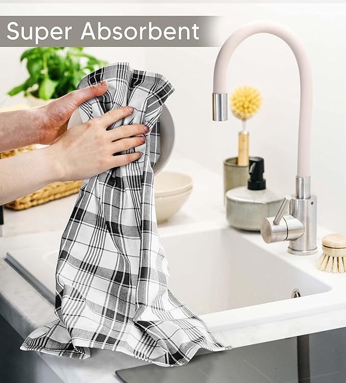 Utopia Towels Black & White Dish Towels [12 Pack - 15 x 25 Inches] 100% Ring Spun Cotton Highly Absorbent & Reusable Cleaning Bar, Tea, Kitchen and Dishcloths Set - 200 GSM