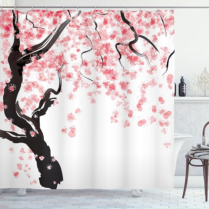 Ambesonne Floral Shower Curtain, Dogwood Tree Blossom in Watercolor Painting Effect Spring Season Theme Pinkish Tones, Cloth Fabric Bathroom Decor Set with Hooks, 69" W x 70" L, Black Pink