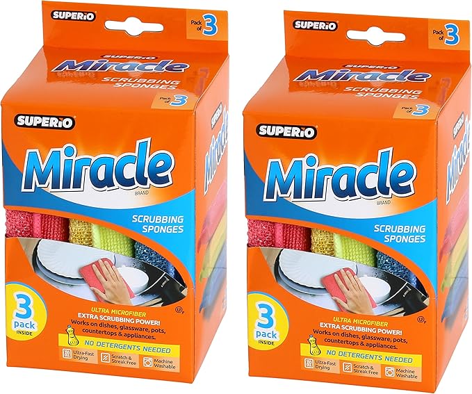 Miracle Microfiber Sponges for Kitchen, Kosher Non-Scratch Sponge Scrubber Heavy Duty Multi-Purpose Cleaning of Dishes, Pots, Pans, and Counter Tops, Machine Washable (6 Pack)