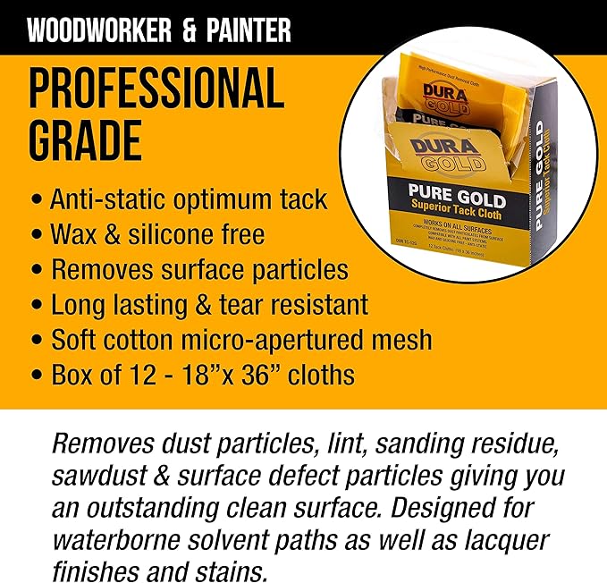 Dura-Gold - Pure Gold Superior Tack Cloth (Pack of 12), Woodworking, Automotive Paint, Tack Cloth Autobody Painting, Painters Cloths, Dust Rags, Stain Rags, Wood Staining Pads, Tac Cloths, Tacky Towel