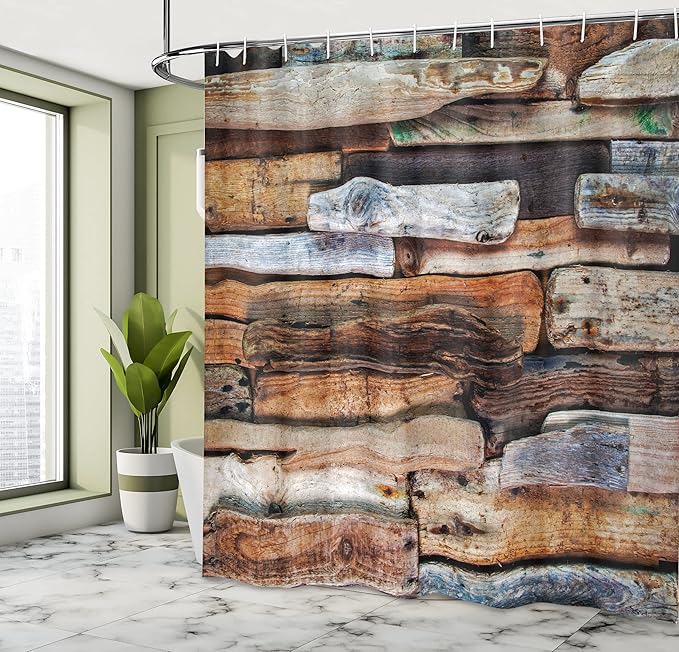 Ambesonne Driftwood Shower Curtain, Wooden Theme Driftwood and Knotty Planks in The Vintage Style Design Digital Image, Cloth Fabric Bathroom Decor Set with Hooks, 69" W x 84" L, Brown