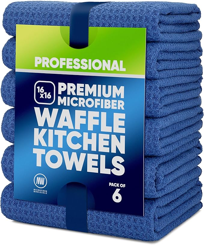 Kitchen Towels - Microfiber Waffle Weave Towels | Absorbent, No Lint, Thick, Reusable, Commercial, Soft, Hand, Tea, Glass, Bar, Sublimation Blank, Polyester Cloths (Blue, 16 x 16 (6 Pack))
