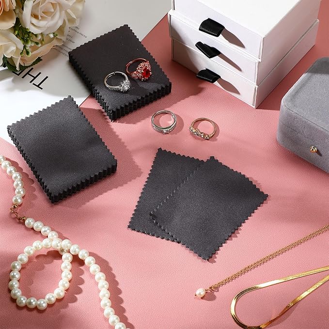 Tatuo 200 Pieces Jewelry Polishing Cloth 2.36 x 3.15 Inch Double-Sided Polishing Cloths Silver Glasses Cleaning Tools for Gold Silver and Platinum Jewelry Watch Coins Glasses(Dark Gray)