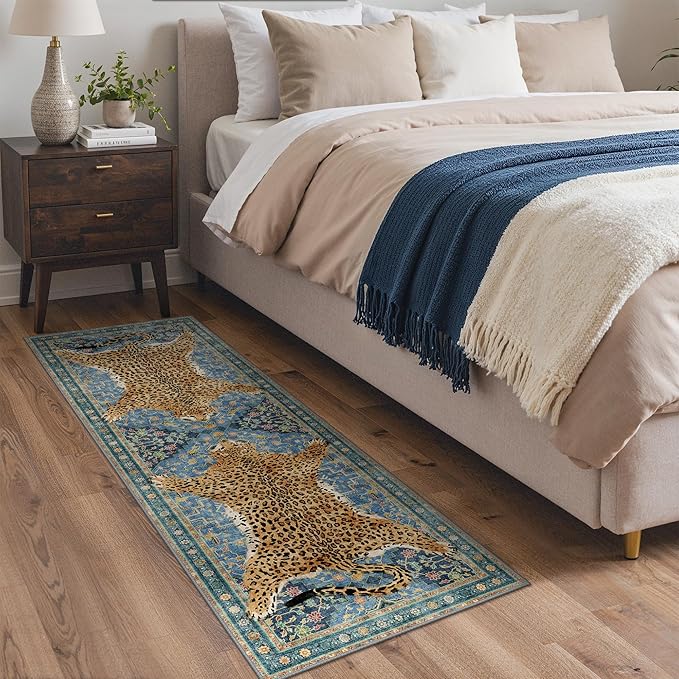 Bavni 2x6 Leopard Rug, Machine Washable Soft Cheetah Animal Print Runner Rug Non Slip Boho Low Pile Non-Shedding Hallway Print Woodland Jungle Carpet for Kitchen Entryway Nursery Bedroom,Blue