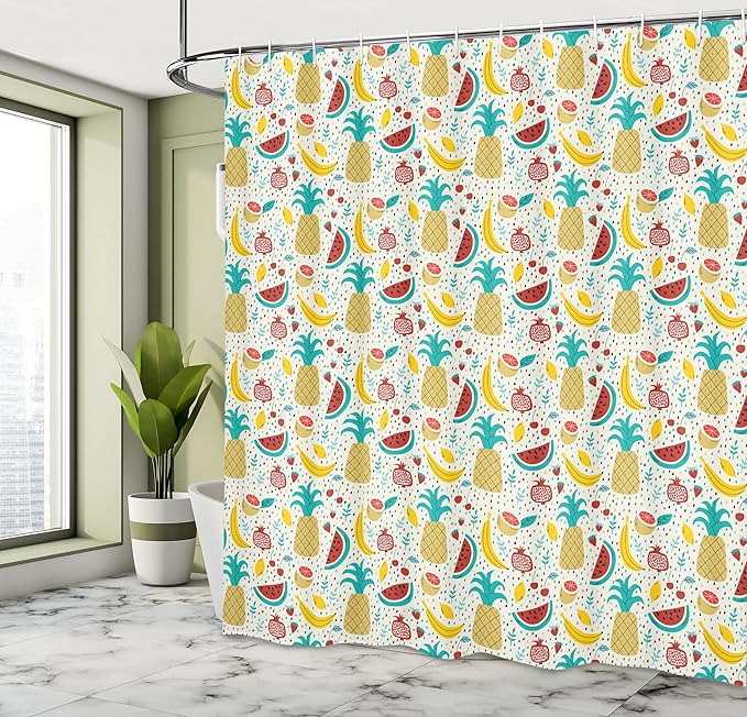 Ambesonne Food Shower Curtain, Fruits Banana Pomegranate Pineapple Watermelon Lemon Kitchen Cafe Abstract Graphic, Cloth Fabric Bathroom Decor Set with Hooks, 69" W x 70" L, Turqupise Mustard