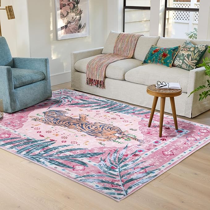 4x6 FT Leopard Rug for Living Room Pink Leopard Vintage Animal Rug Aesthetic Pink Rugs for Girls Room Nursery Bedroom Home Office Dorm Thin Bright Magenta Carpet (Light Pink, 4X6 FT)