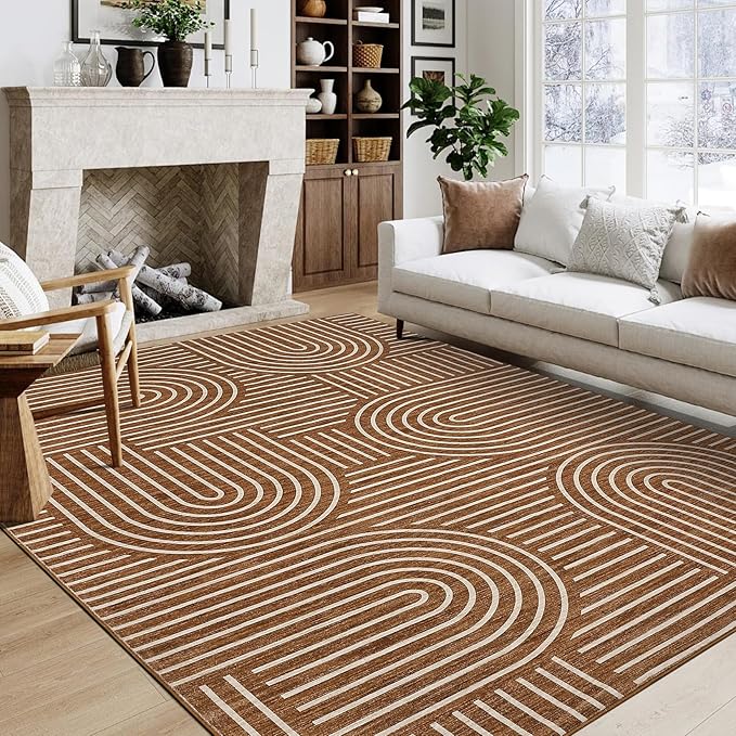 Washable Rug 6x9 Area Rugs for Living Room, Abstract Rug for Bedroom, Soft Rainbow Non Slip Throw Rugs with Rubber Back, Low Pile Stain Resistant Boho Geometric Carpet for Dining Room, Copper