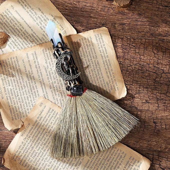 Crystal Witch Altar Broom - Witchcraft Supplies with Opal Wiccan Stuff Moon Magic Broomstick with Natural Healing Crystals Hexagonal Points Pagan Fengshui Reiki Energy Clearing Gift