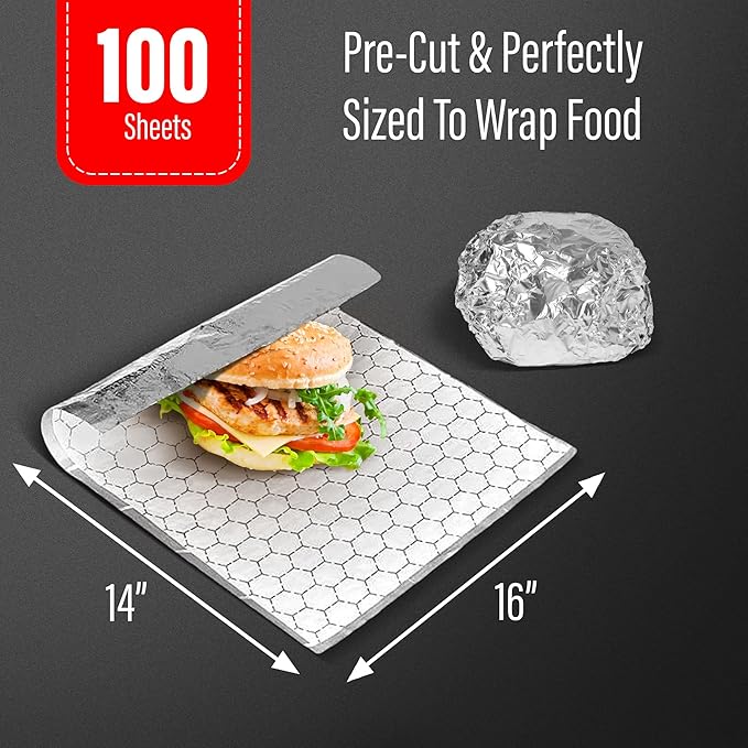 Insulation Sandwich Wrapping Paper Aluminum Foil Sheets - [200 Pack] - (14" x 16") - Aluminum Foil Sandwich Wrap Sheets For Sandwich Wraps, Burritos and BBQ