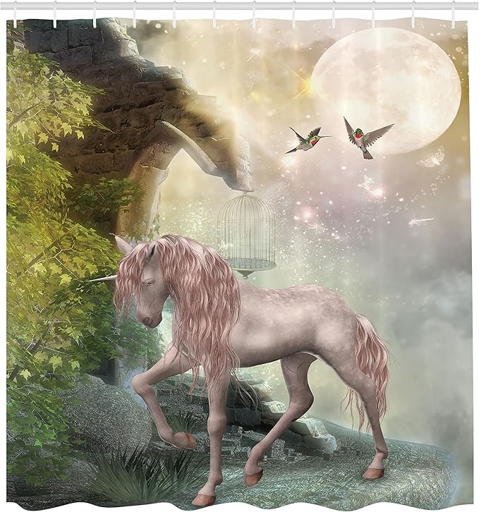 Ambesonne Hummingbirds Shower Curtain, Unicorn Green Spring Leaves Birds Twinkling Star Moon Mystic Fantasy, Cloth Fabric Bathroom Decor Set with Hooks, 69" W x 75" L, Dark Eggshell Fern Green