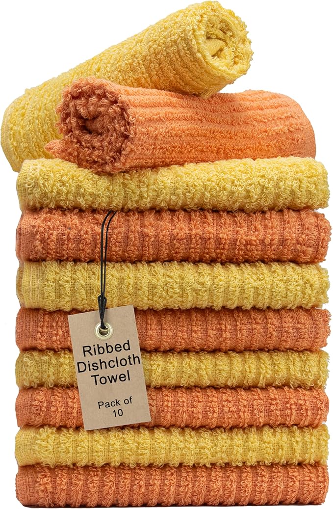 Textila Bar Mop Towels 12x12 Inch – Lemon Yellow - Orange – Pack of 10 - Cotton Dish Cloths & Cleaning Towels for Kitchen, Bar, Restaurant, Household Use – Absorbent, Durable, Reusable