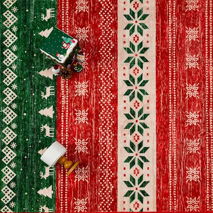 Christmas Red Area Rug 2x3 Washable Snowflake Carpet Non Slip Holiday Decorative Accent Doormat Xmas Boho for Entrance Bathroom Laundry Kitchen Dining Room