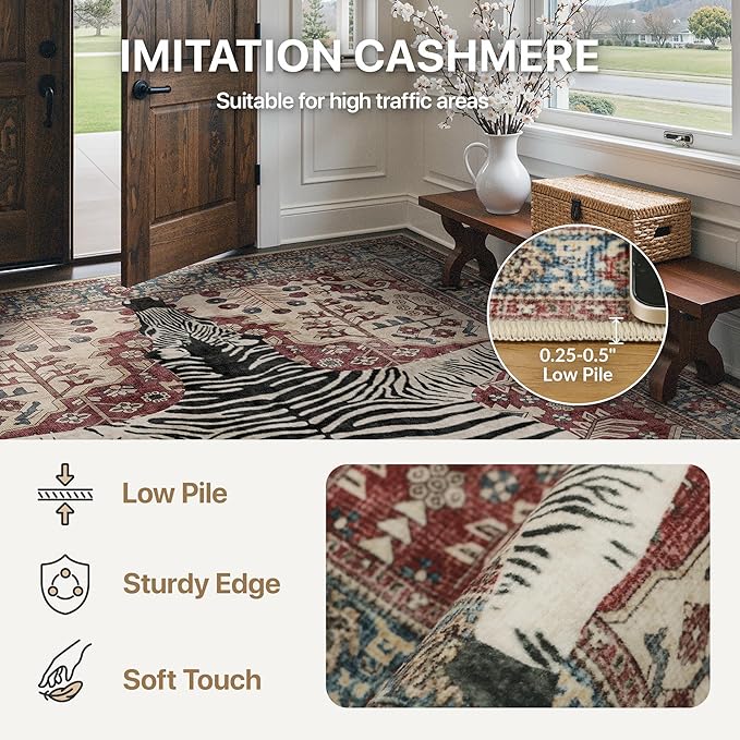 Bavni 2x3 Zebra Rug, Machine Washable Door Mat,Soft Animal Small Boho Rugs Non Slip Low Pile Non-Shedding Pet Friendly Throw Indoor Print Carpet for Entryway Front Door Bathroom,Red