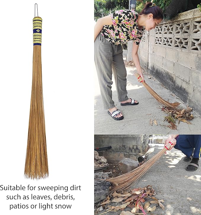 32 inch Multi-Surface Sturdy Outdoor Authentic Coconut Leaf Broom Asian Heavy Duty Broom Thai Natural Coconut Leaf Broom (Country Rustic) (1 Piece)