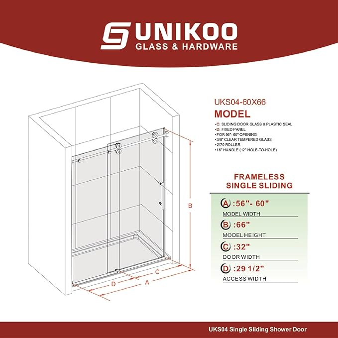 56-60 Inch x 66 Inch Sliding Frameless Bathtub Door, 3/8" Tempered Glass with Easy-Cleaning Coating, Stainless Steel Rollers & SGCC-Certified Stability, Space Gray