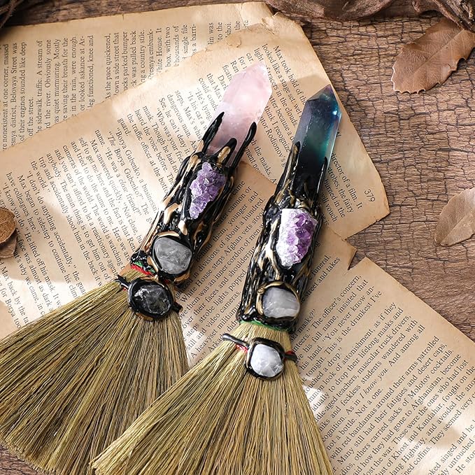 Witchcraft Supplies Witches Broom - Wiccan Decor with Amethyst Clusters Altar Supplies with Fluorite Natural Healing Crystals Hexagonal Points Pagan Decor Reiki Energy Clearing Crafts