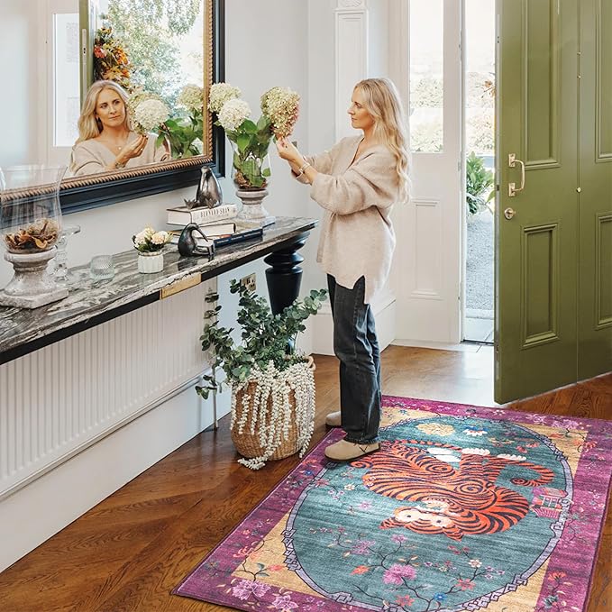 Tiger Rug Washable 3x5 ft Oriental Traditional Animal Print Vintage Fuchsia Floral Tibetan Rugs for Bedroom Kitchen Living Room Indoor Entryway