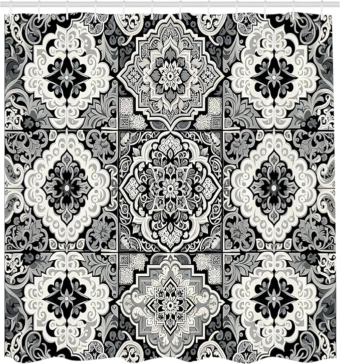 Ambesonne Grey Shower Curtain, Oriental Trippy Art with Moroccan Tile Pattern of Blooming and Curlicue Leaves, Cloth Fabric Bathroom Decor Set with Hooks, 69" W x 75" L, Off White Dimgray