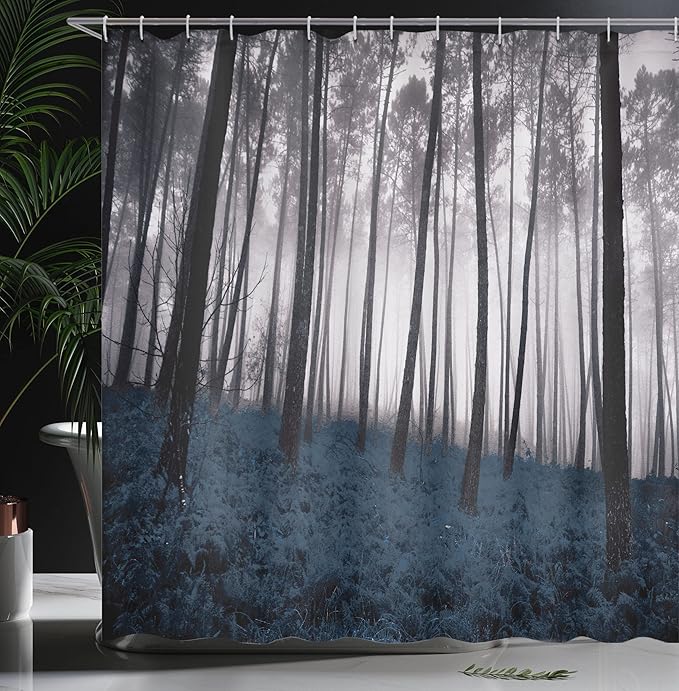 Ambesonne Forest Shower Curtain, Mystical Fantasy Woodland Under Heavy Fog Tall Trees Bushes Contrast Colors, Cloth Fabric Bathroom Decor Set with Hooks, 69" W x 84" L, Petrol Black