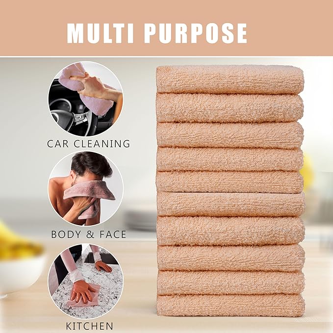 Textila Terry Wash Cloths – Pack of 10, Soft Peach, 12x12 Inches – Soft, Absorbent & Multipurpose Cotton Washcloths for Face, Hand, Bath, Kitchen, Spa, Gym & Hotel Use