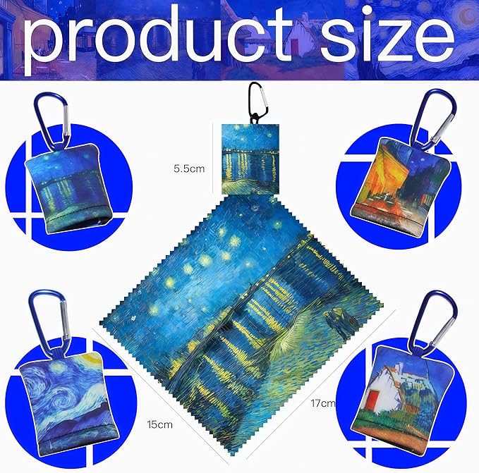 4Pcs Glasses Cleaning Cloth,Microfiber Cleaning Cloths,Lens Cleaning Cloth for World Classic Art Collection,Pouch&Clip-On&Washable,for Eyeglasses,Screens,Sunglasses,Camera Lenses (Blue)