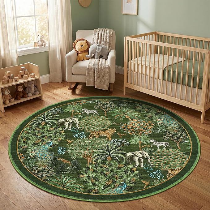 GarveeHome Jungle Round Washable Rugs 4ft Non-Slip Soft Round Rug for Kids Room, Forest Animal Print Tiger Circle Carpet for Bedroom Entryway Playroom Nursery, Dark Green