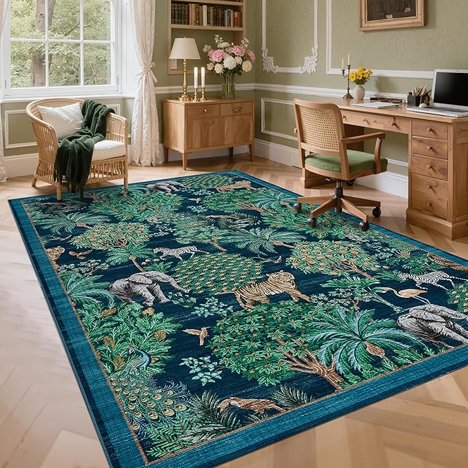 GarveeHome Jungle Rug 10x13 Washable Area Rugs for Living Room, Blue Animal Print Rug Non Slip Low Pile Forest Stain Resistance Large Throw Carpet for Kids Bedroom Nursery Playroom Dining Room