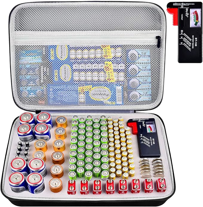 Battery Storage Organizer Box with Tester BT-168, Variety Case Holds 140+ AA, AAA, C, D, 9V, Lithium 3V Button Batteries- Not Includes Batteries(Grey)