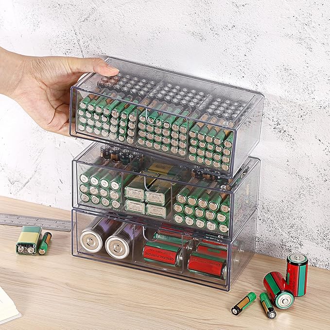 BTSKY 3 Pack Clear Acrylic Battery Storage Organizer for AA, AAA, 9V, C, D Batteries, 3-Drawer Storage Box Battery Holder for Common Types Batteries, Household Container(Batteries Not Included)